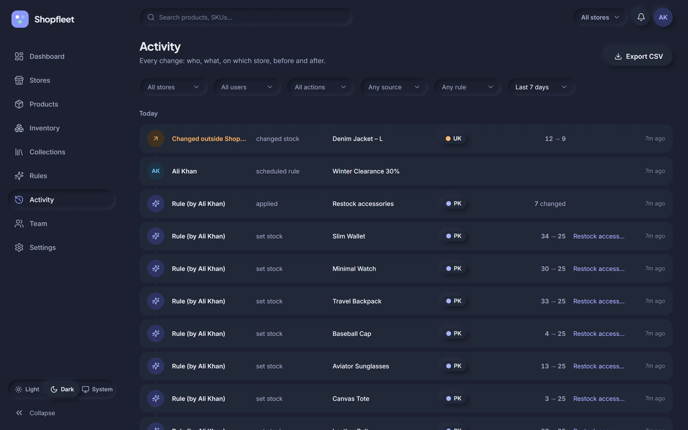 Activity log in dark mode