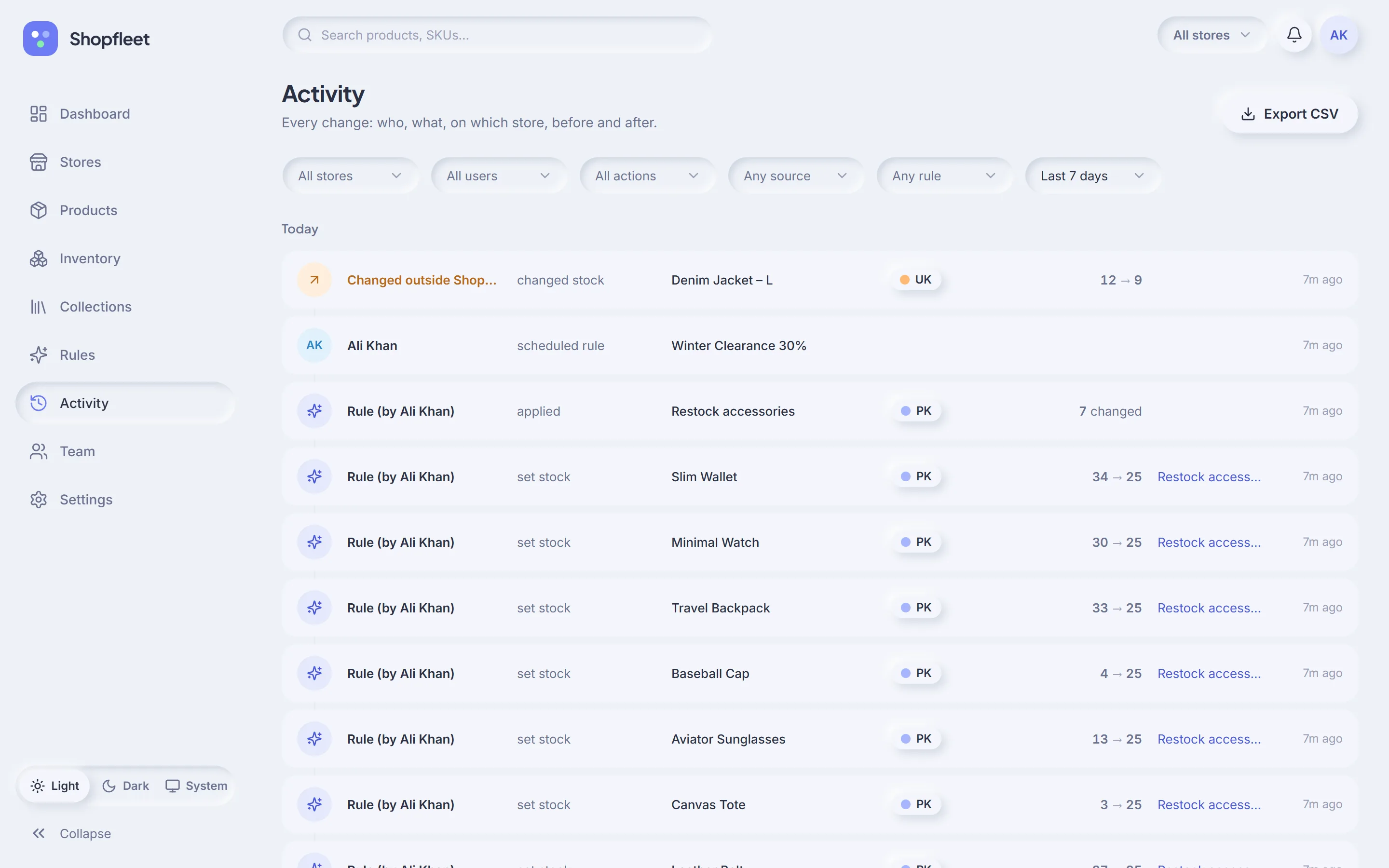 Activity log listing who changed what, on which store, with before and after values