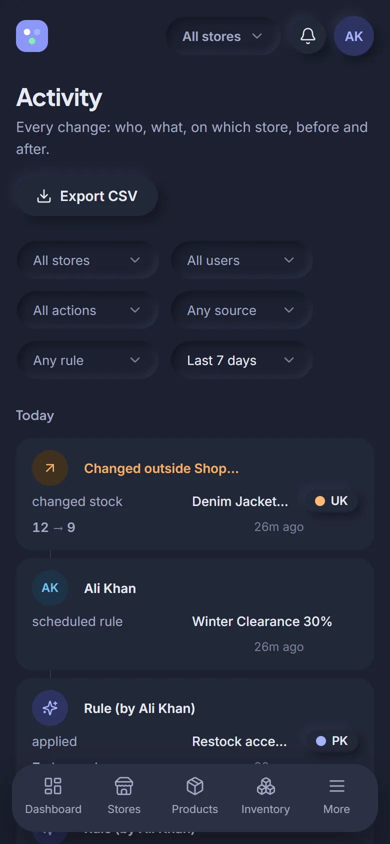 Activity log on a phone, dark mode