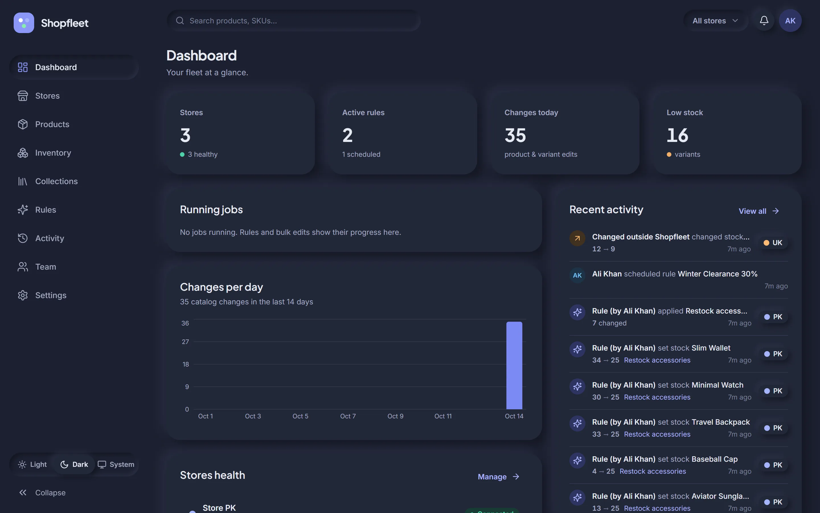 Shopfleet dashboard in dark mode