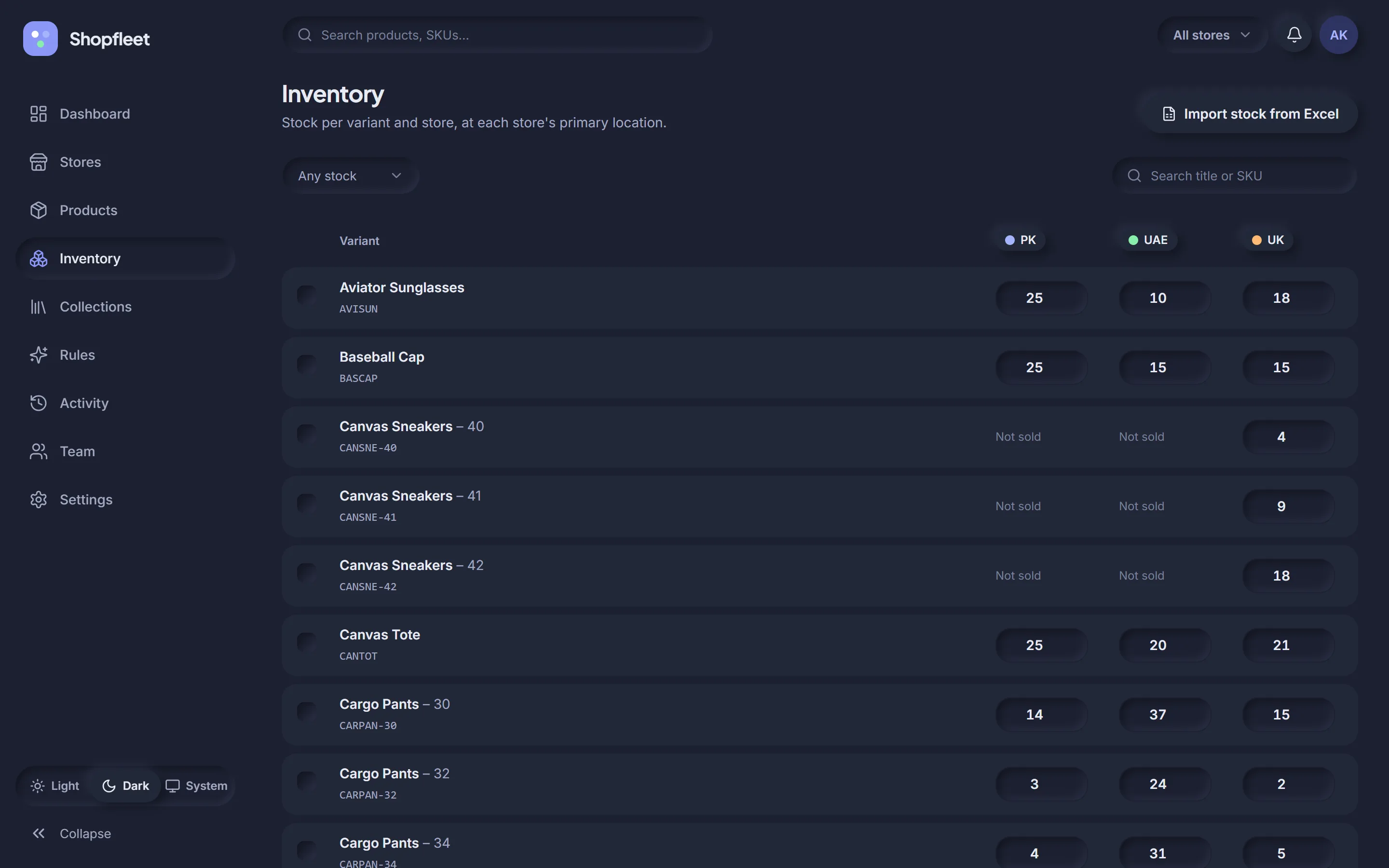 Inventory grid in dark mode