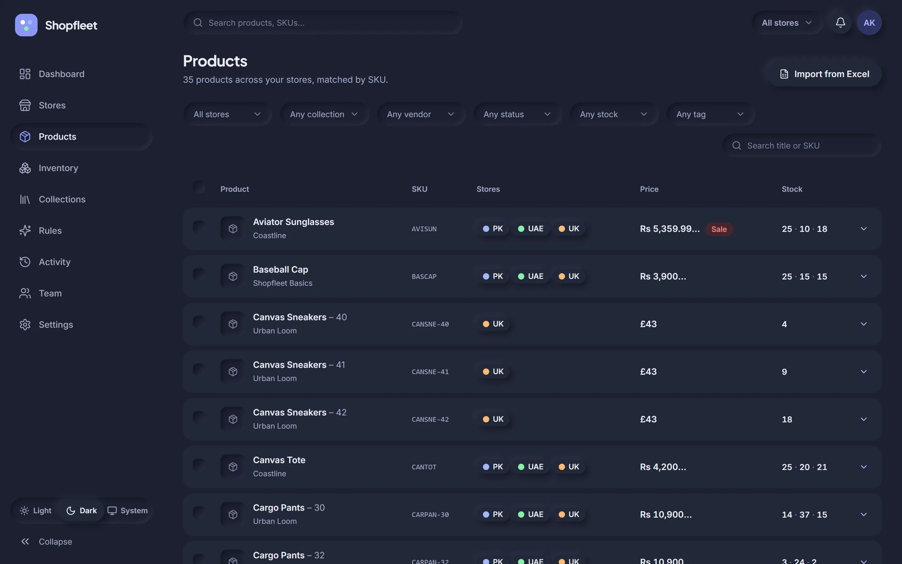 Unified product catalog in dark mode