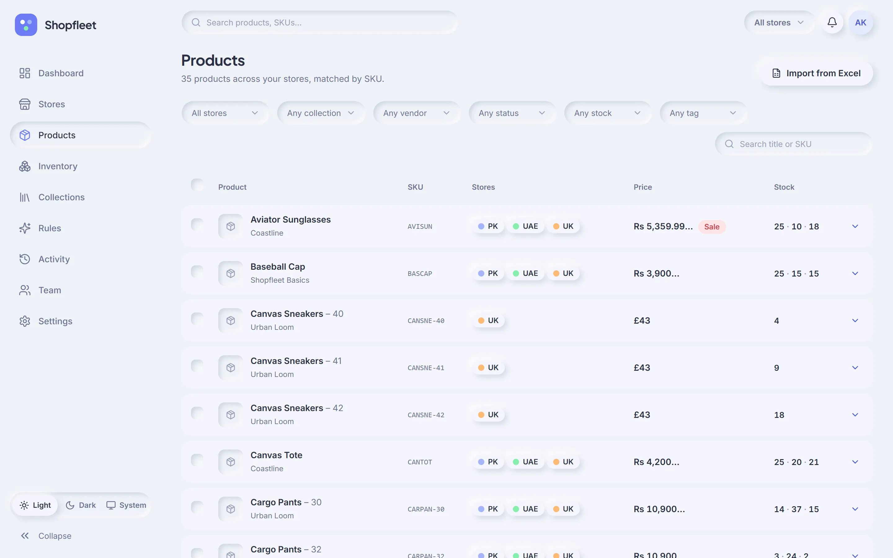 Unified product catalog with store chips, prices and stock per store