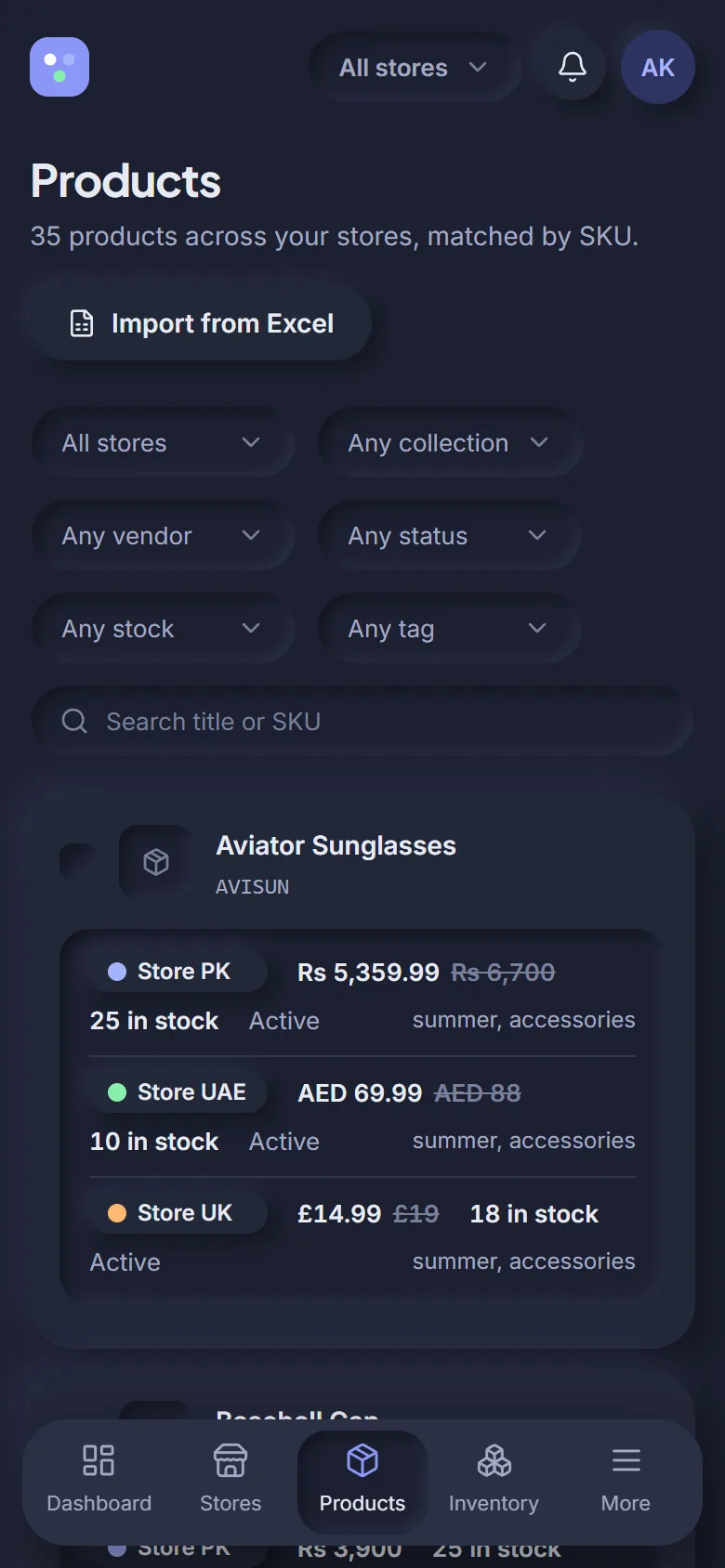 Product details on a phone, dark mode