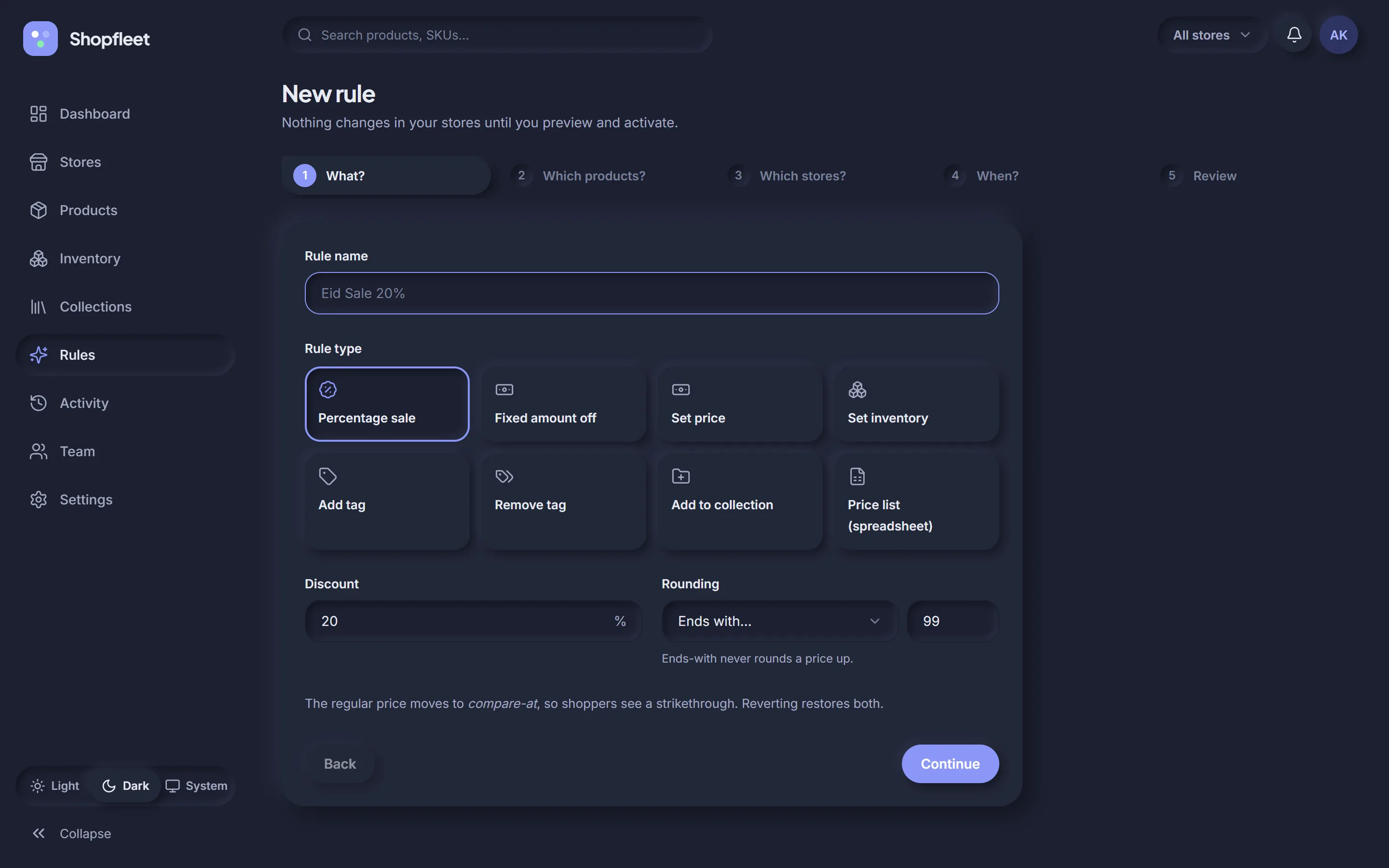 Rule builder in dark mode