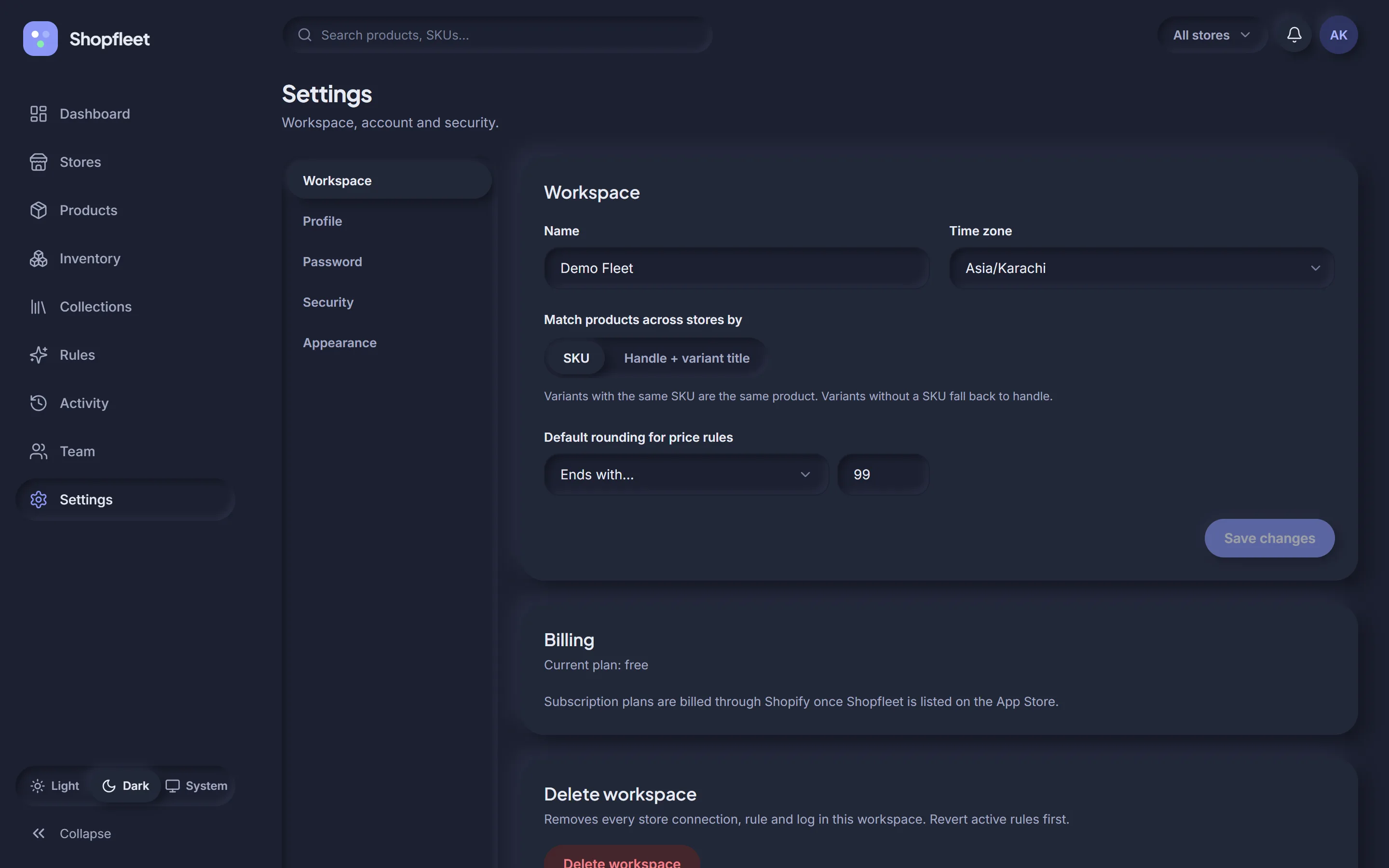 Workspace settings in dark mode