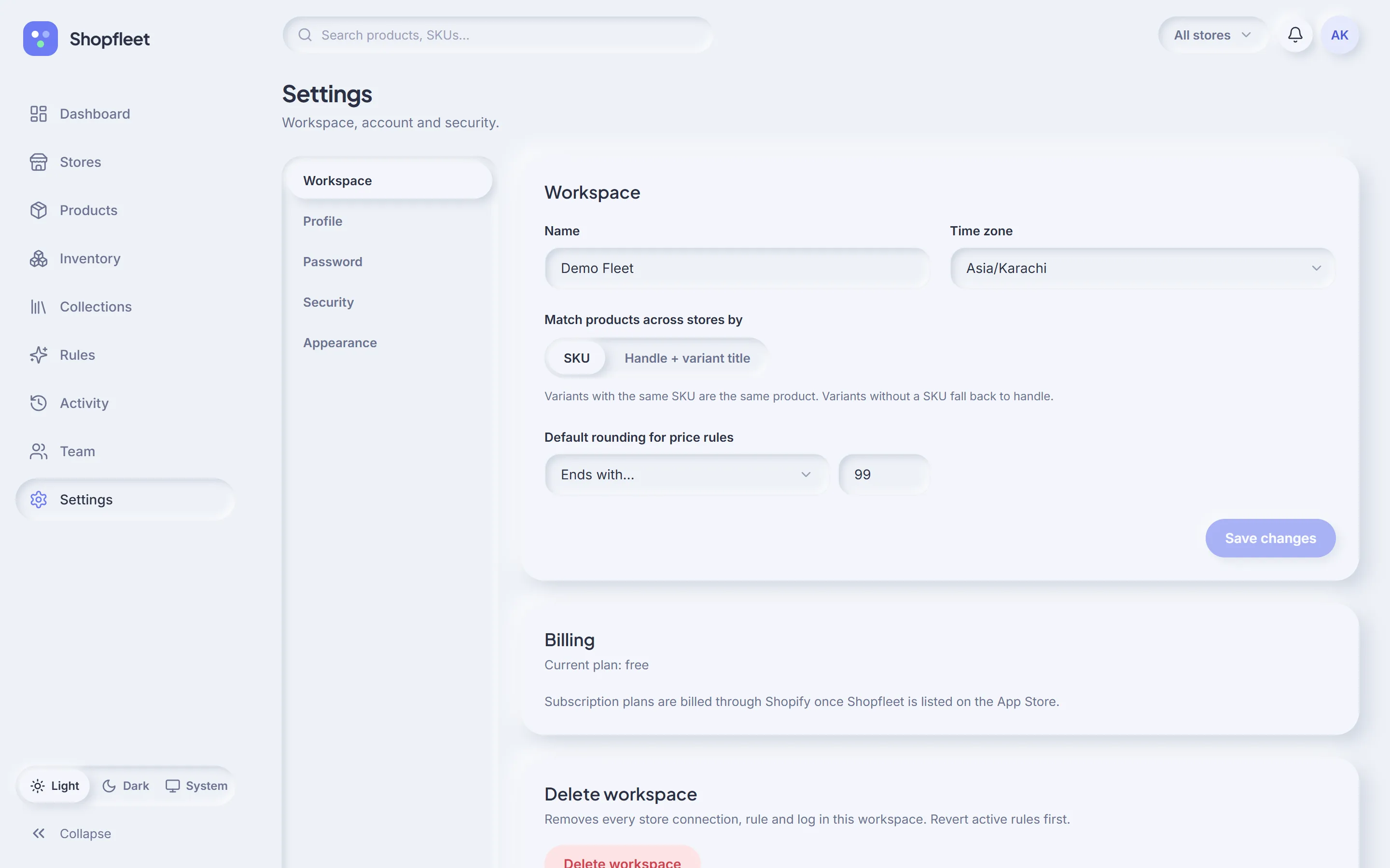 Workspace settings with matching, time zone and default rounding
