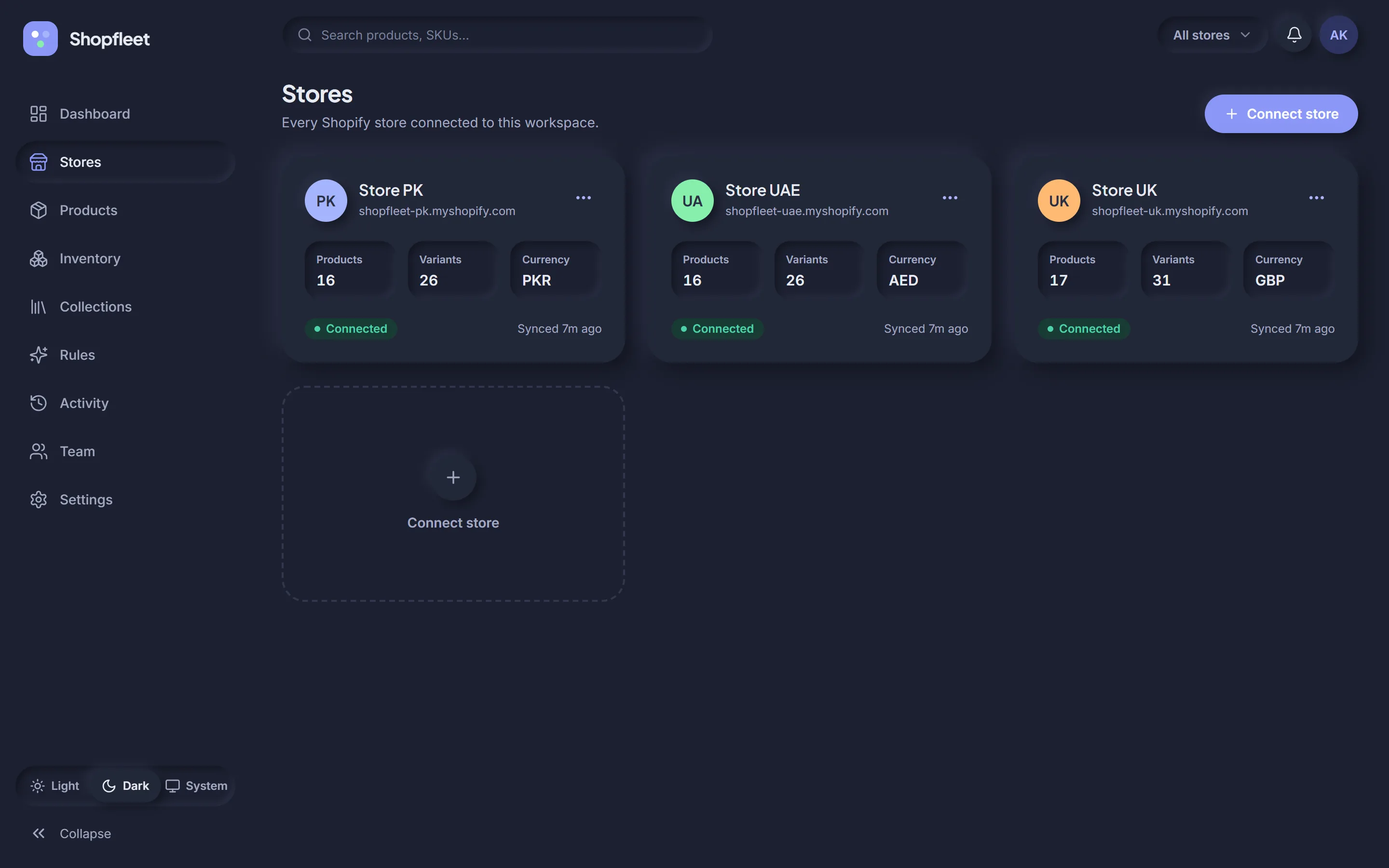 Connected stores in dark mode