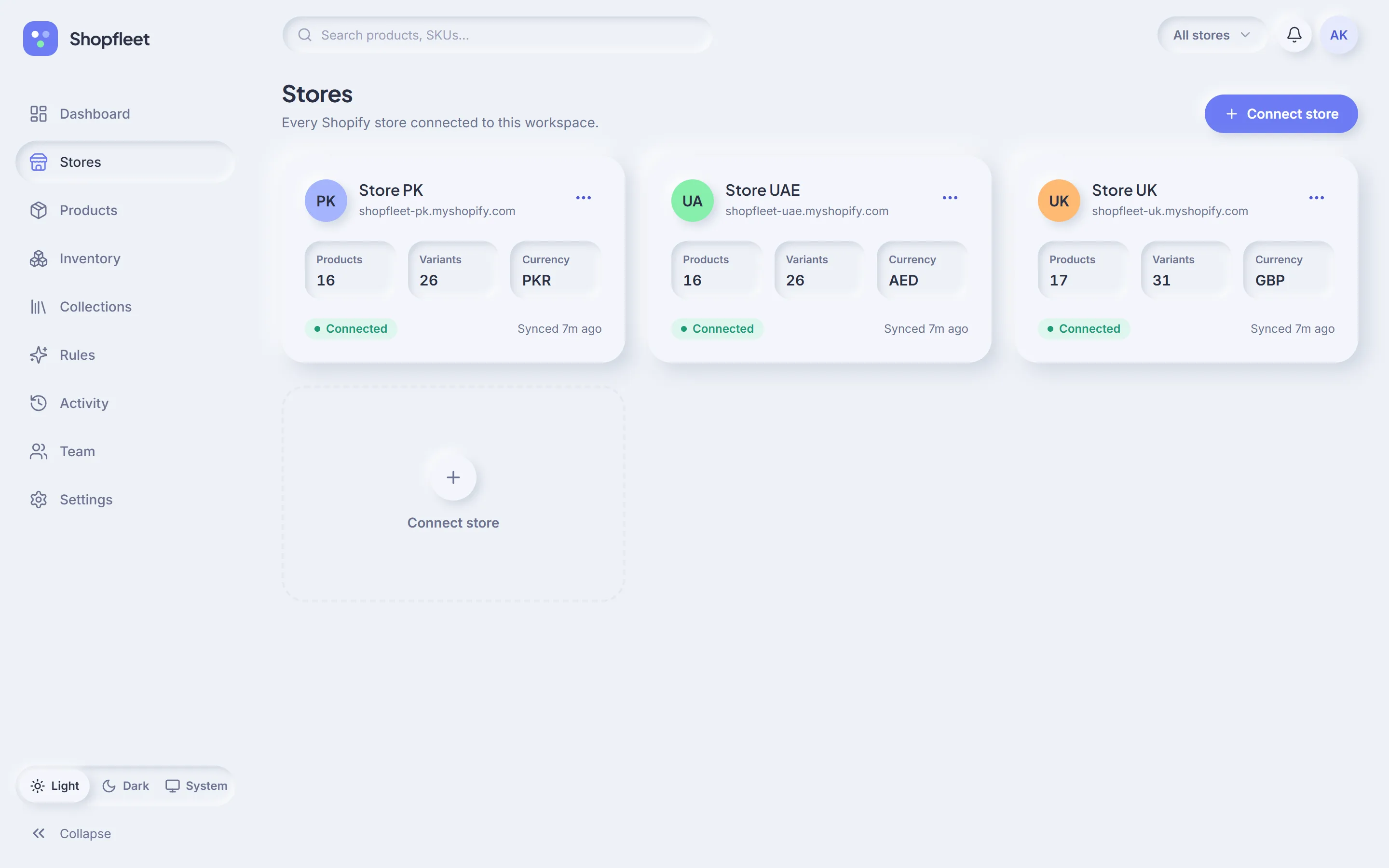 Connected stores with product counts, currency and connection status