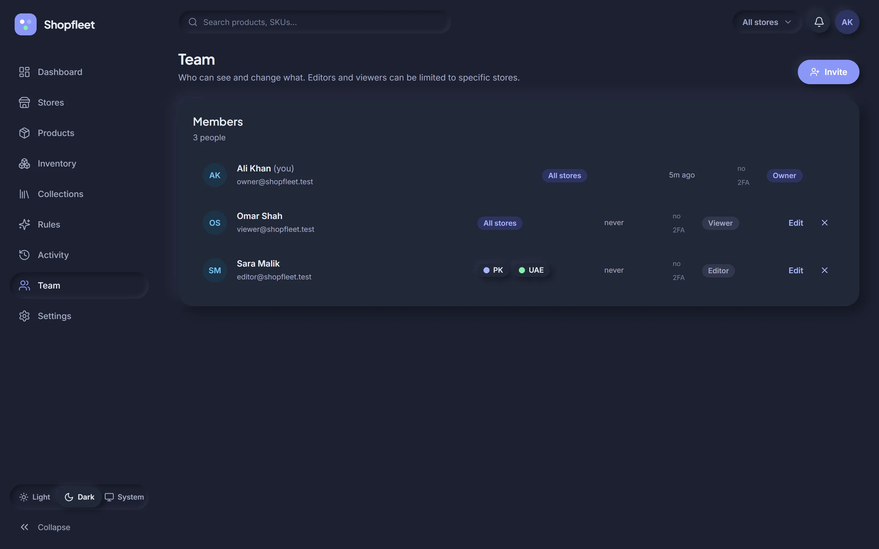Team page in dark mode