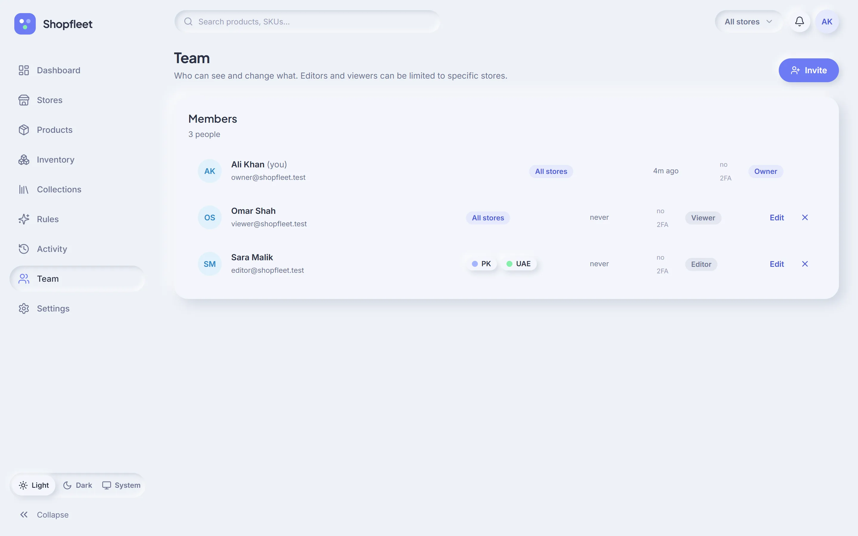 Team page with an owner, a viewer and an editor limited to two stores